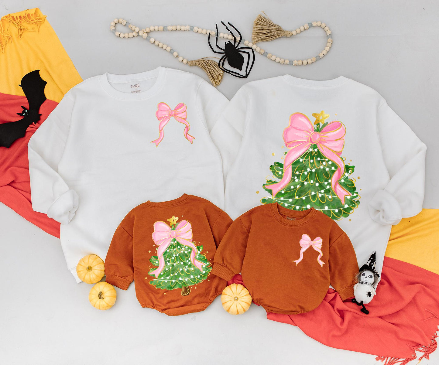 Christmas Bow Tree Sweatshirt Women's Outfit, Festive Holiday Clothing, Cute Coquette Newborn Romper, Baby's 1st Christmas, Mommy and Me Matching Outfit