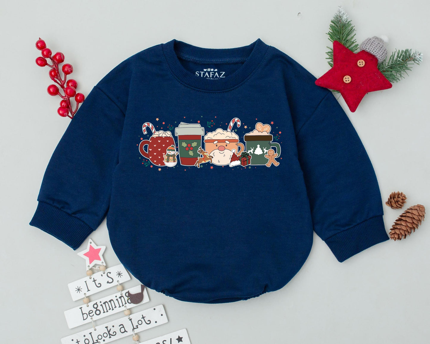 Cute Christmas Coffee Cup Bubble Romper Newborn Baby Outfit Adorable Festive Snowman Gingerbread Reindeer Design Infant Bodysuit Gift