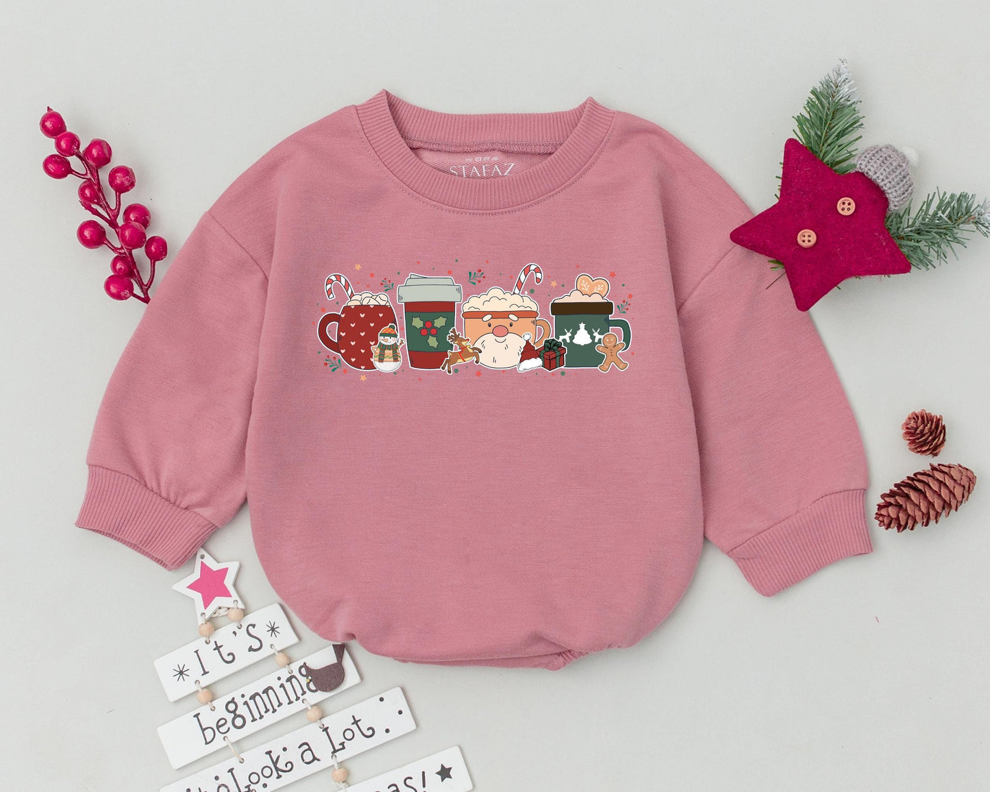 Cute Christmas Coffee Cup Bubble Romper Newborn Baby Outfit Adorable Festive Snowman Gingerbread Reindeer Design Infant Bodysuit Gift