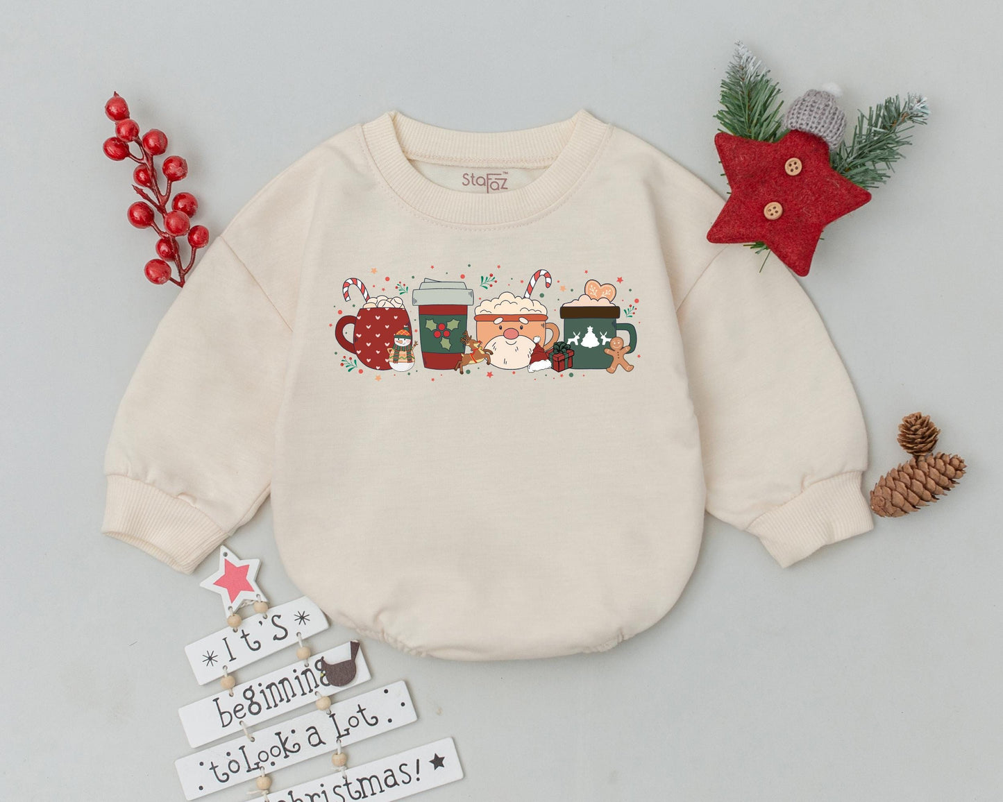 Cute Christmas Coffee Cup Bubble Romper Newborn Baby Outfit Adorable Festive Snowman Gingerbread Reindeer Design Infant Bodysuit Gift