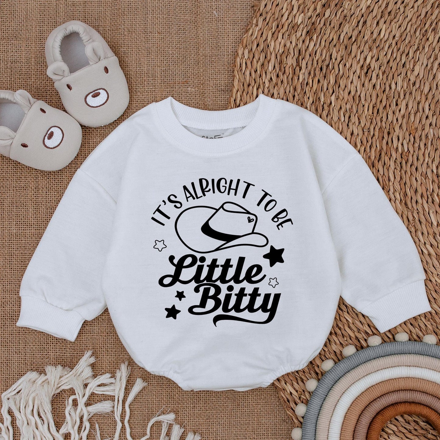 It's Alright To Be Little Bitty Western Baby Romper Sweatshirt Funny Cowboy Bubble Bodysuit Newborn Girl Boy Clothing with Star Design