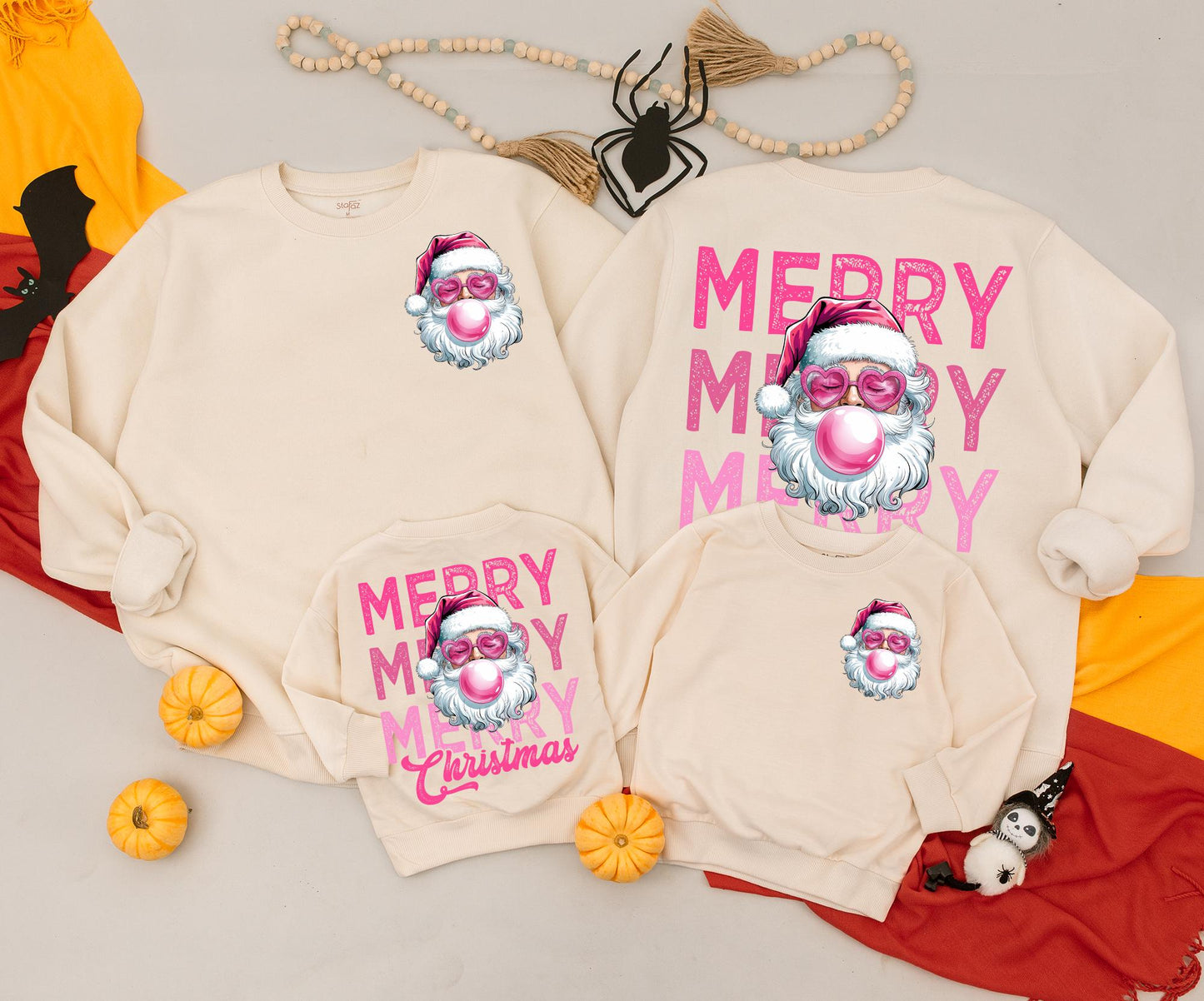 Retro Santa Christmas Sweatshirt, Funny Pink Sunglasses Santa Blowing Bubblegum, Vintage Merry Christmas Xmas Two-Sided Festive Top for Women & Newborn
