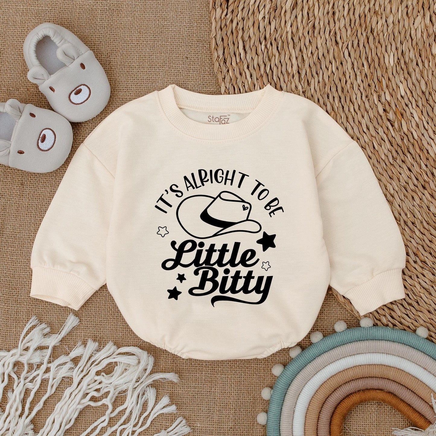 It's Alright To Be Little Bitty Western Baby Romper Sweatshirt Funny Cowboy Bubble Bodysuit Newborn Girl Boy Clothing with Star Design