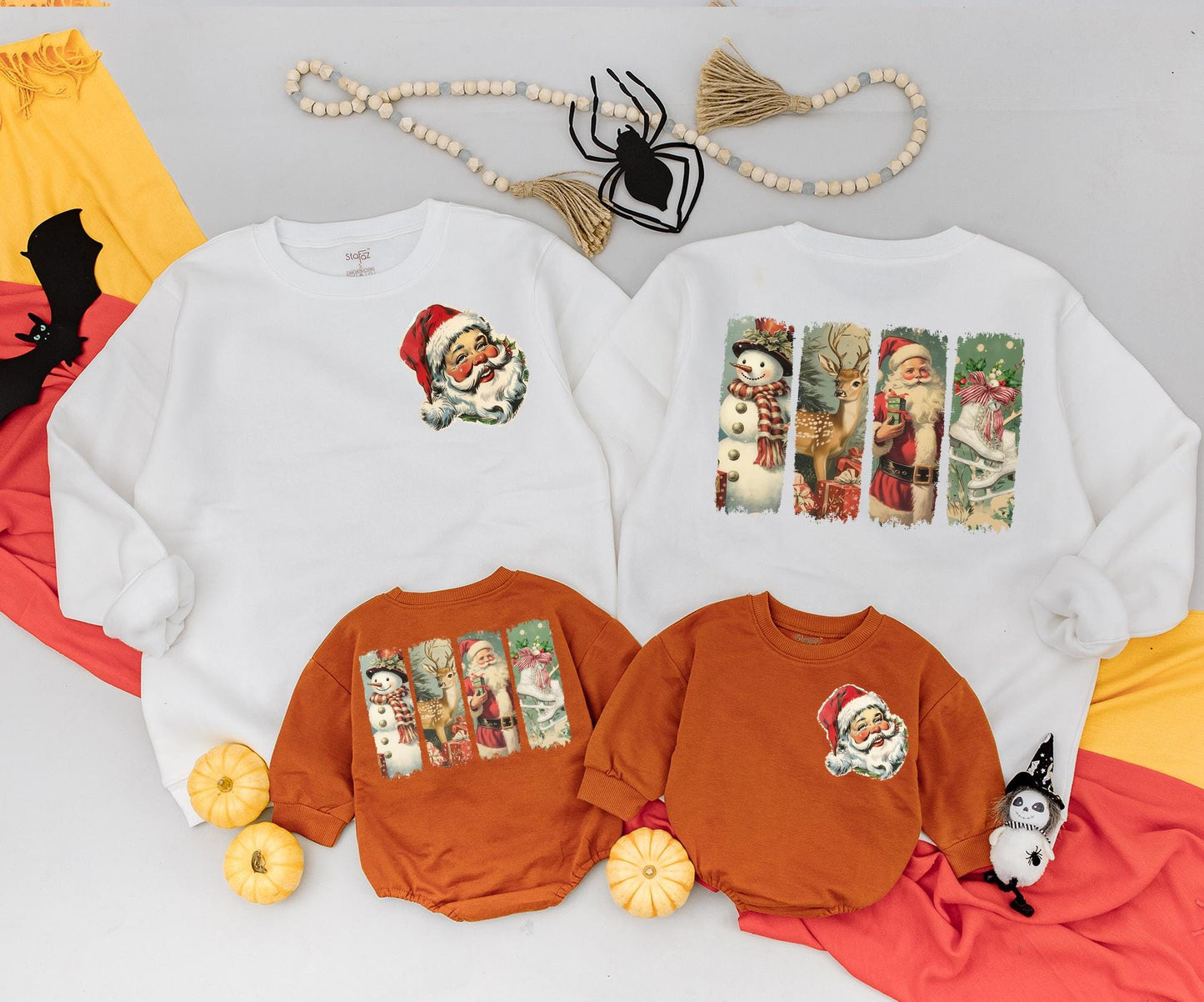 Retro Christmas Family Matching Outfits Vintage Santa Snowman 2-Sided Sweatshirt & Baby Romper Holiday Gifts