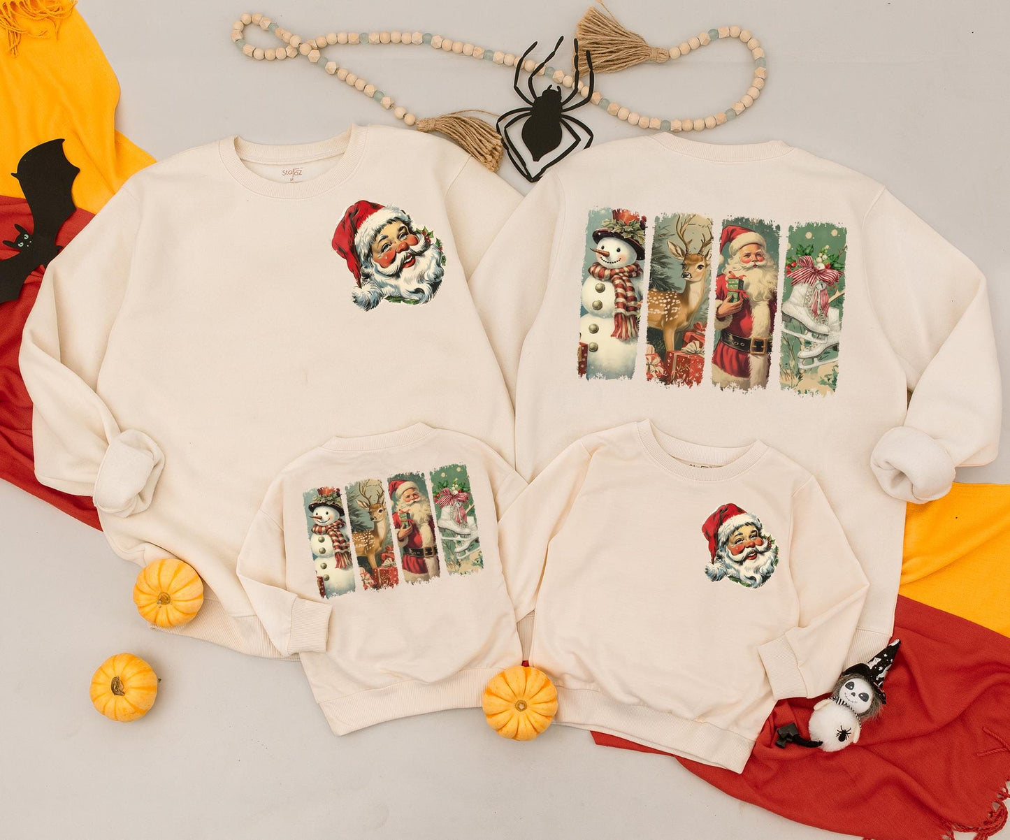 Retro Christmas Family Matching Outfits Vintage Santa Snowman 2-Sided Sweatshirt & Baby Romper Holiday Gifts