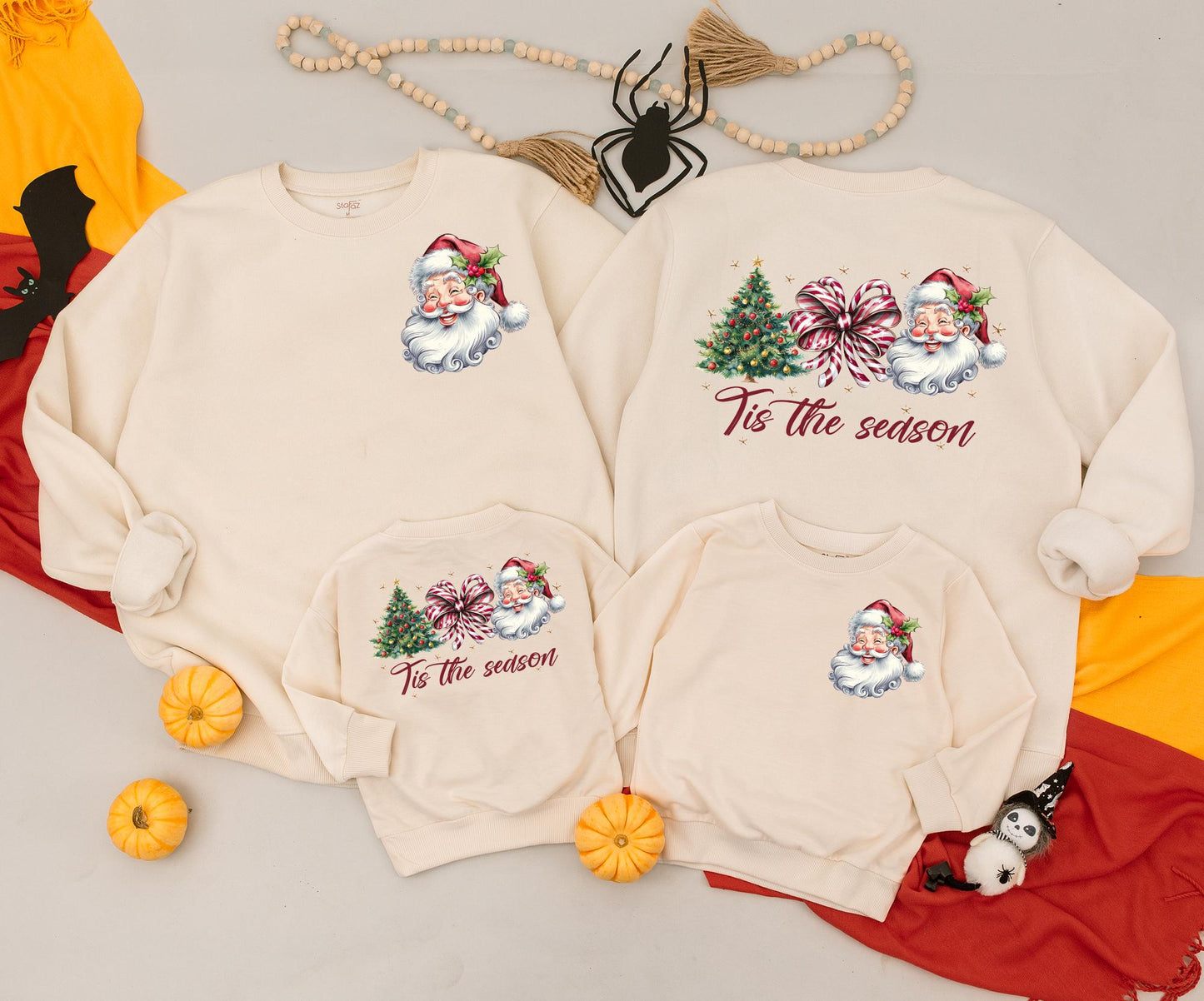 Retro Christmas Family Matching Sweatshirt & Baby Romper Set Classic Santa Claus 'Tis the Season Tree Holiday Outfits