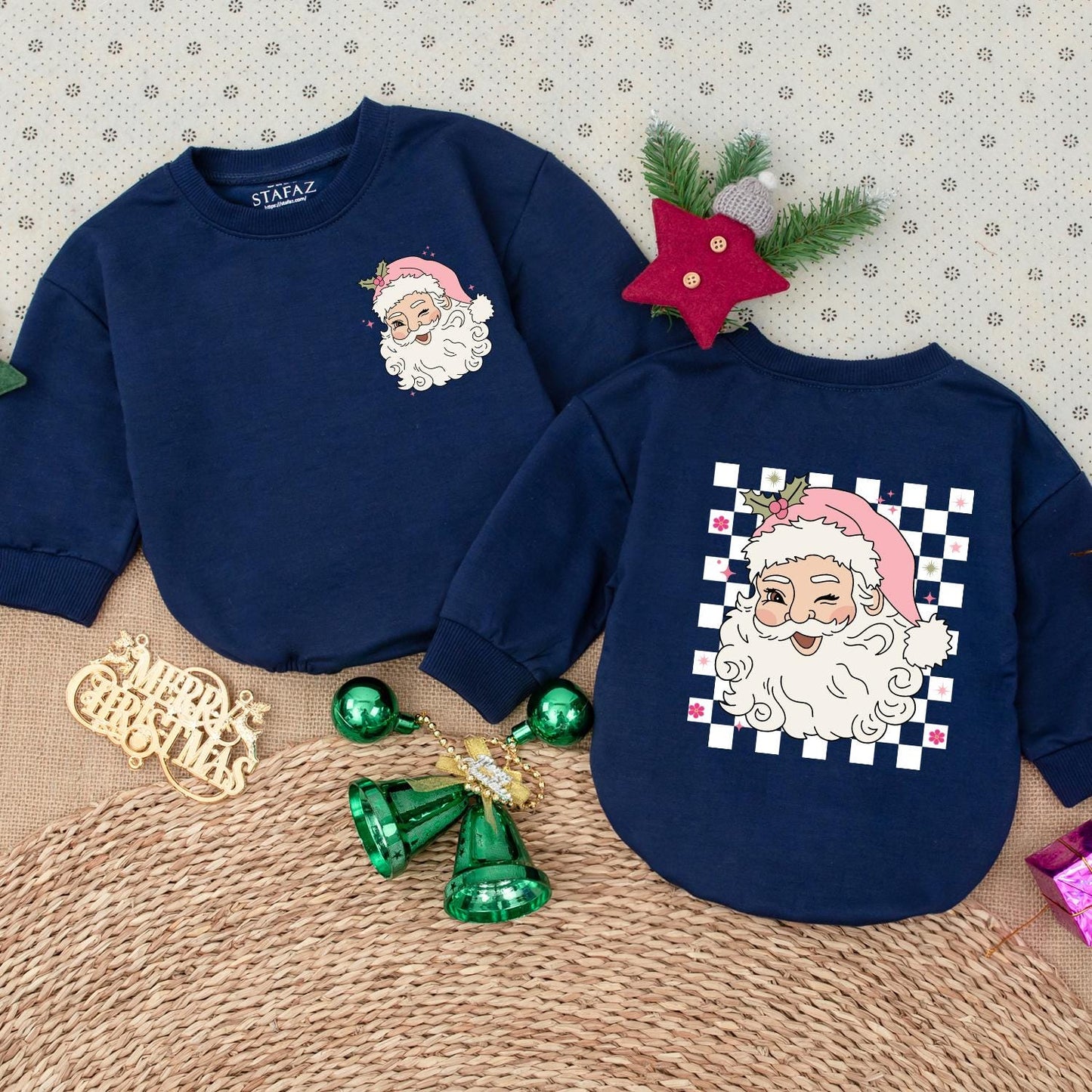 Pink Retro Santa Claus Baby Bodysuit Christmas Holiday Outfit with Holly Pink Hat Stars Flowers & Checkered Pattern Vintage Festive Romper