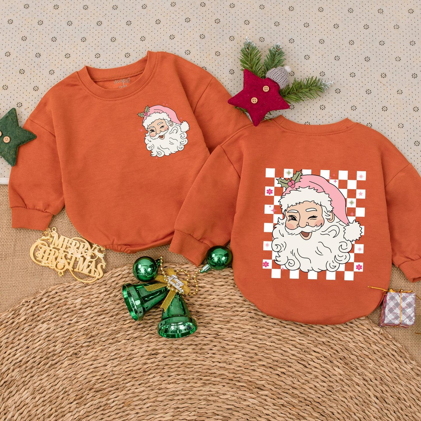 Pink Retro Santa Claus Baby Bodysuit Christmas Holiday Outfit with Holly Pink Hat Stars Flowers & Checkered Pattern Vintage Festive Romper