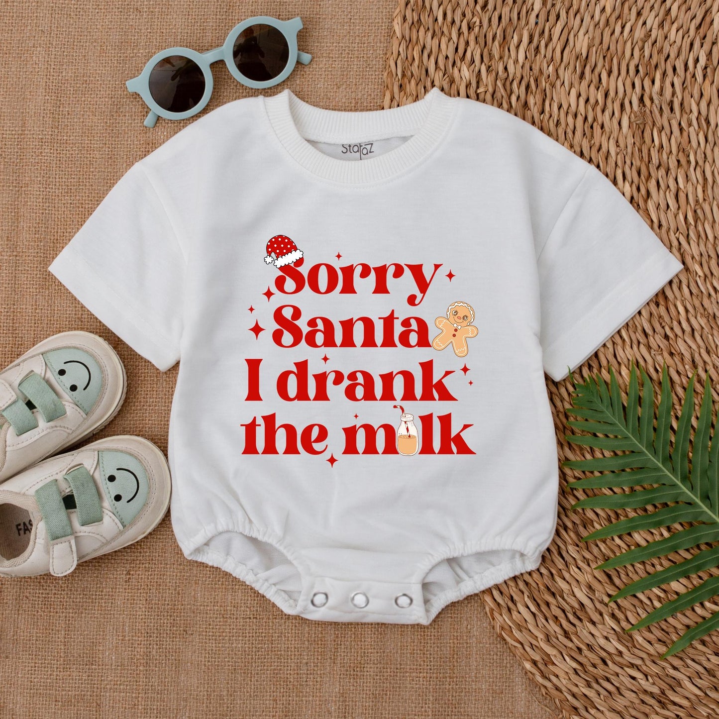 Sorry Santa I Drank The Milk Baby Romper Cute Christmas Bodysuit Festive Holiday Outfit with Santa Hat Gingerbread Man Milk Bottle Cozy Newborn Gift