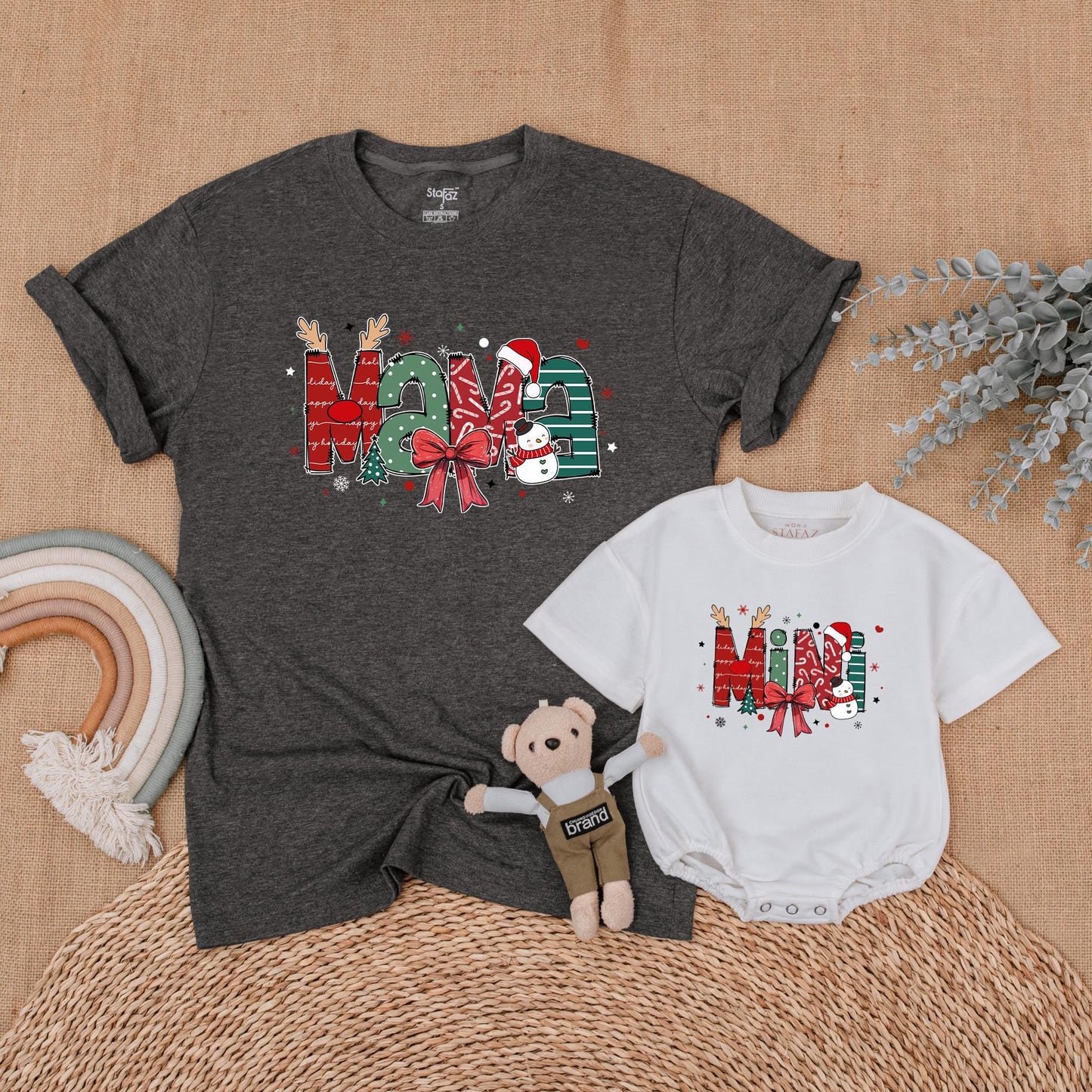 Christmas Mama and Mini Matching Family Outfits Festive Whimsical Holiday Shirt Newborn Bubble Romper Red Green Snowman Design