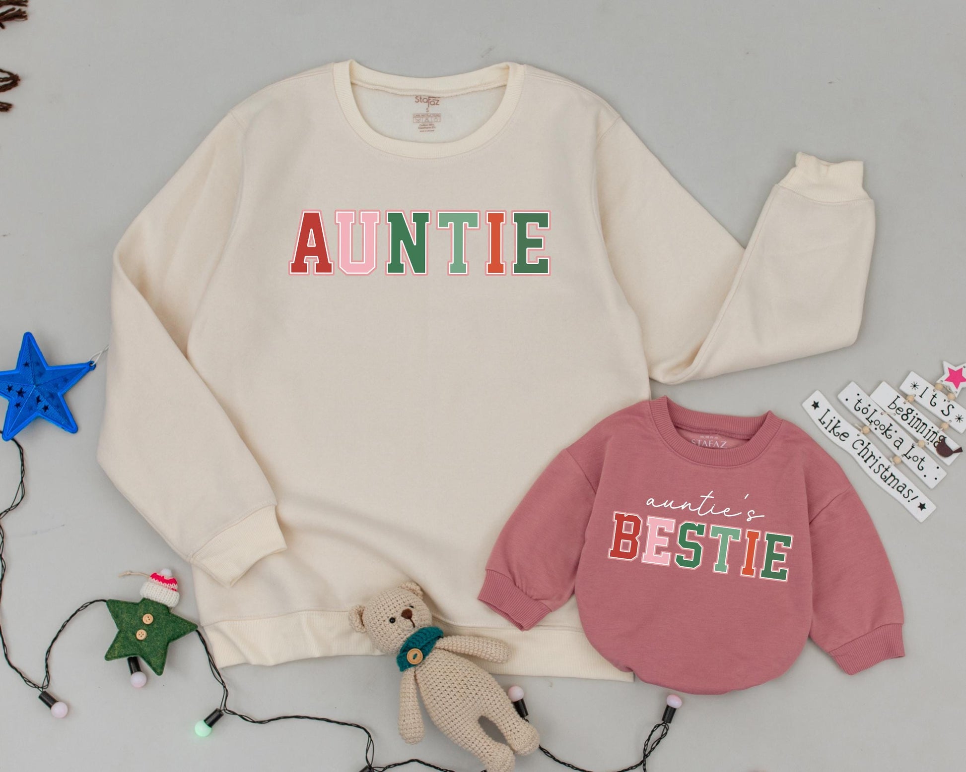 Personalized Auntie & Me Sweatshirts for Niece Nephew with Colorful Block Lettering Festive Christmas Holiday Gift Set Cozy Warm Fleece