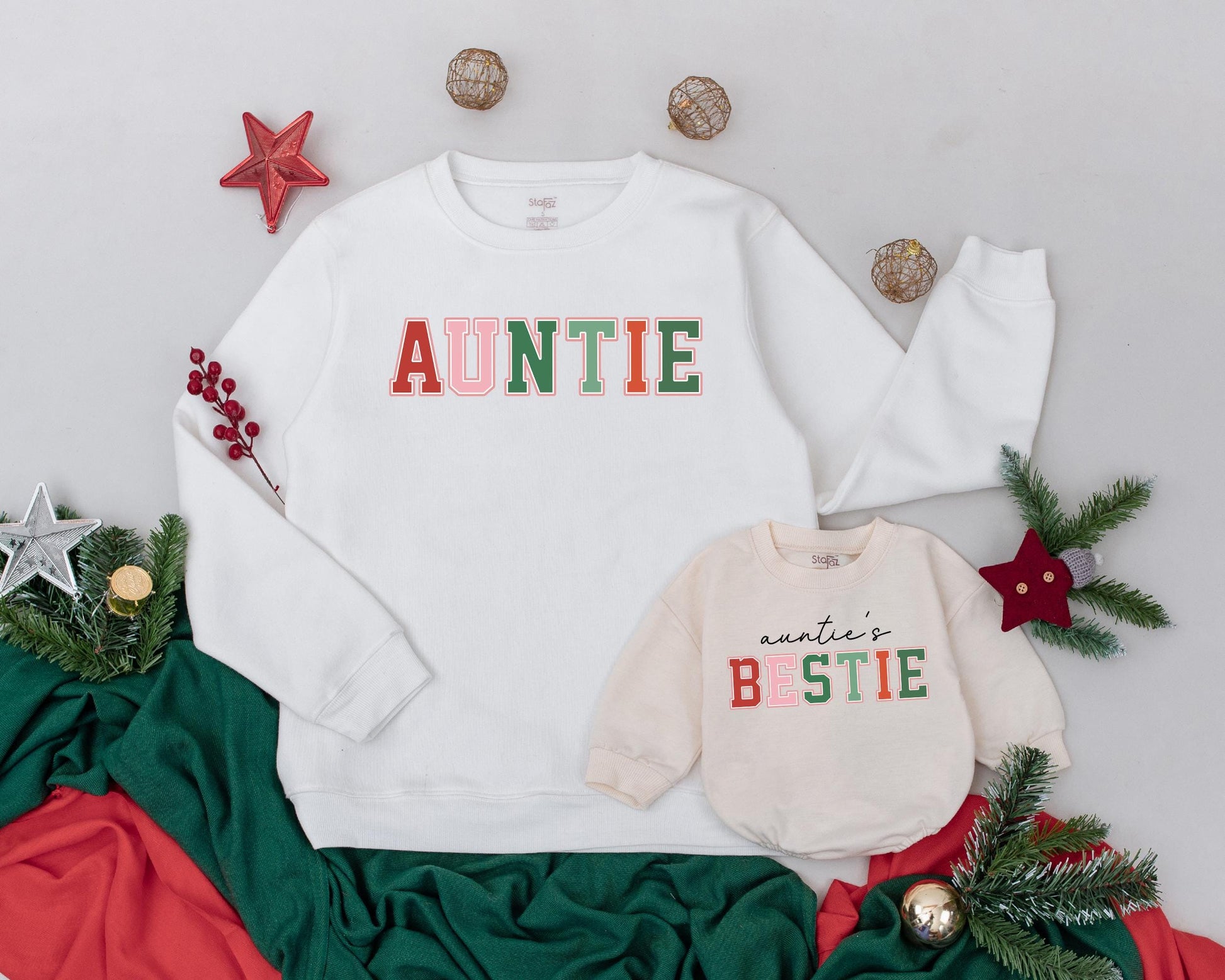 Personalized Auntie & Me Sweatshirts for Niece Nephew with Colorful Block Lettering Festive Christmas Holiday Gift Set Cozy Warm Fleece