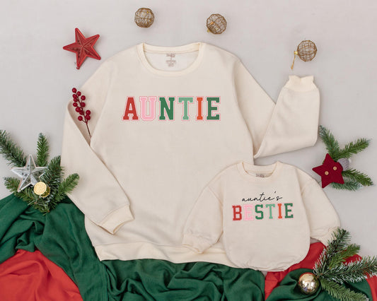 Personalized Auntie & Me Sweatshirts for Niece Nephew with Colorful Block Lettering Festive Christmas Holiday Gift Set Cozy Warm Fleece