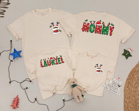 Personalized Family Matching Christmas Shirts Retro Santa Chimney Design Holly Berry Snowflake Name Holiday Crew Outfit