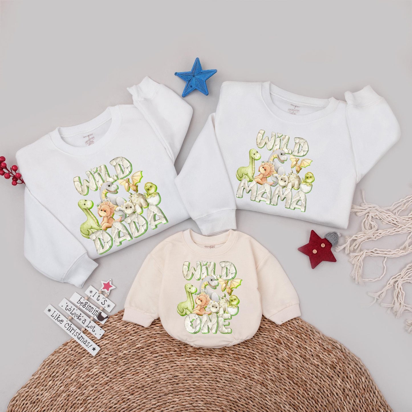Dinosaur Family Matching Birthday Sweatshirts for 1st Birthday Wild One Mommy Daddy Kids Party Outfits with playful green brown white artwork
