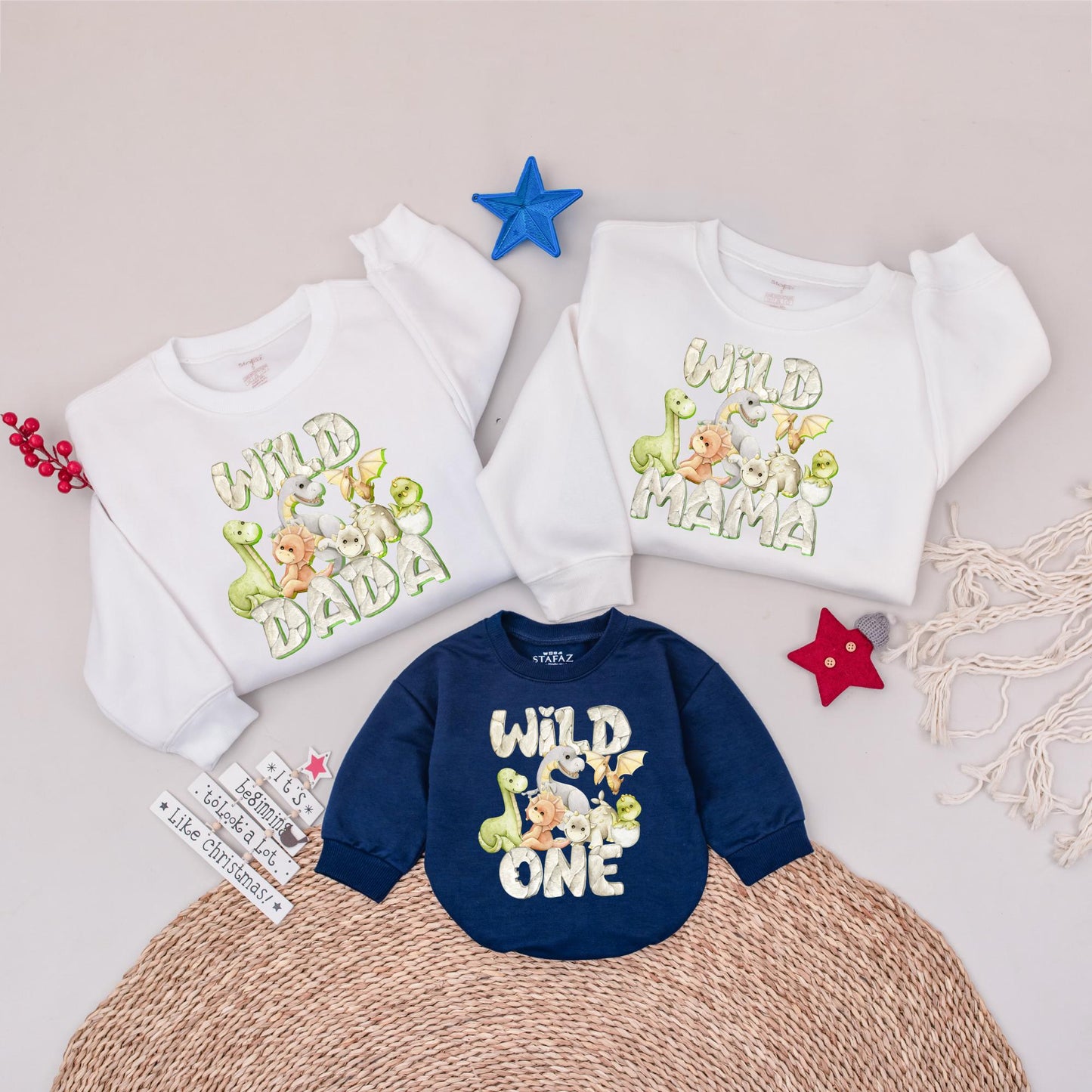 Dinosaur Family Matching Birthday Sweatshirts for 1st Birthday Wild One Mommy Daddy Kids Party Outfits with playful green brown white artwork