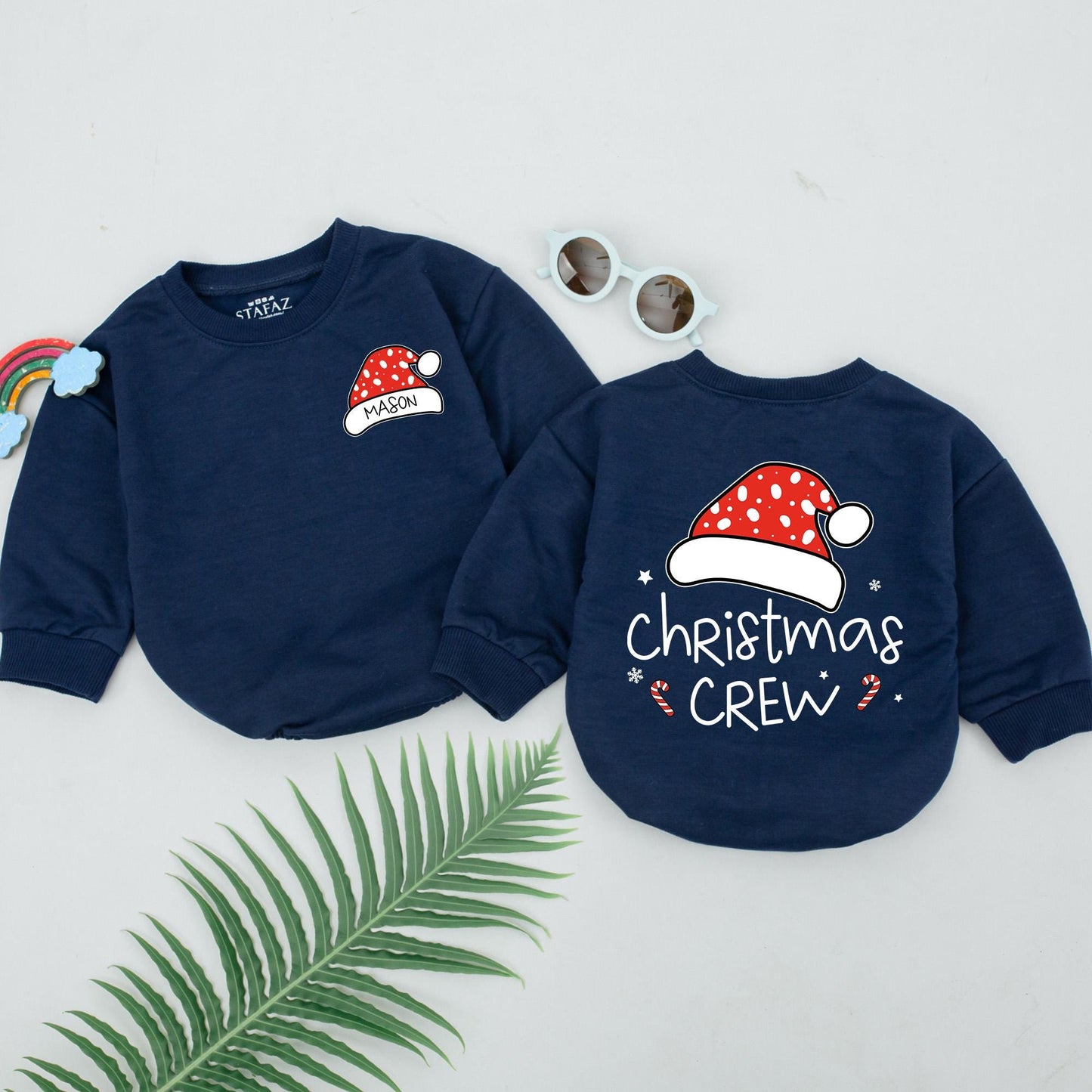 Personalized Christmas Crew Baby Romper with Red Santa Hat & Polka Dot Design First Xmas Infant Boy Girl Cute Outfit Shower Gift