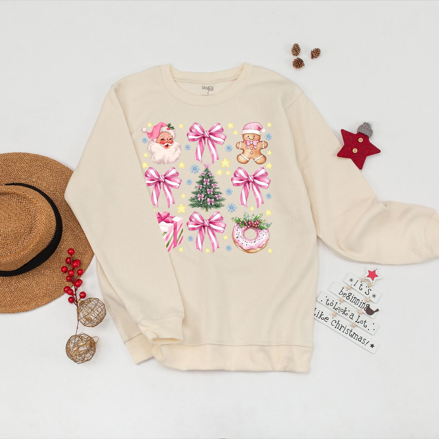 Soft Girl Christmas Sweatshirt with Pink Bows Santa Gingerbread Watercolor Grid Design Festive Holiday Crewneck Cozy Stars and Snowflakes