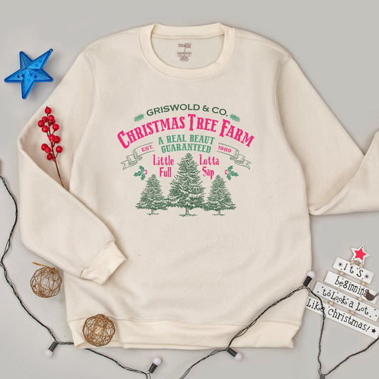 Griswold & Co. Christmas Tree Farm Sweatshirt Vintage Rustic Crewneck A Real Beaut Guaranteed Holly Accents Funny Family Holiday Gift