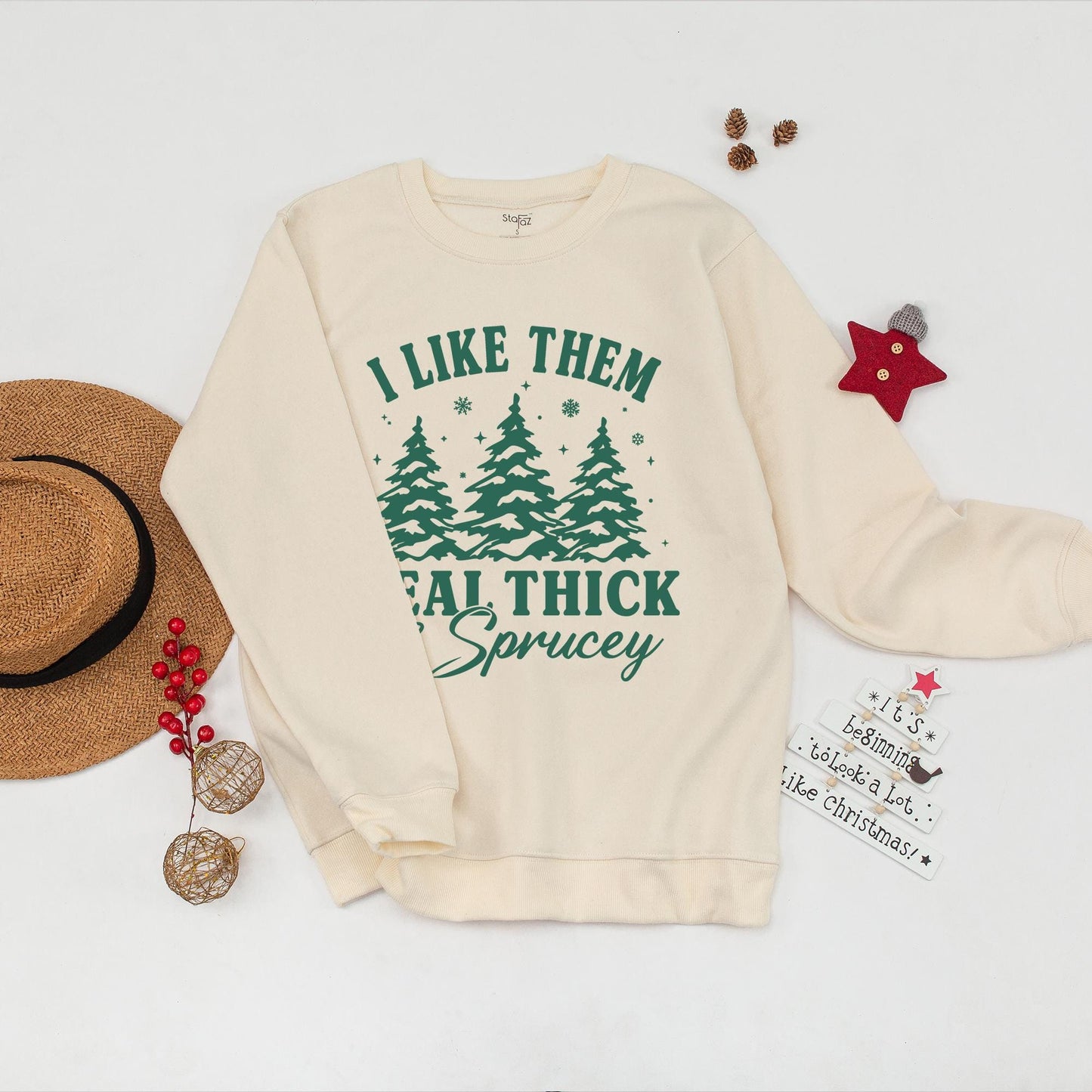 Retro Funny I Like Them Real Thick And Sprucey Christmas Sweatshirt Cute Classic Holiday Green Tree Design with Snowflakes and Stars Comfortable Apparel