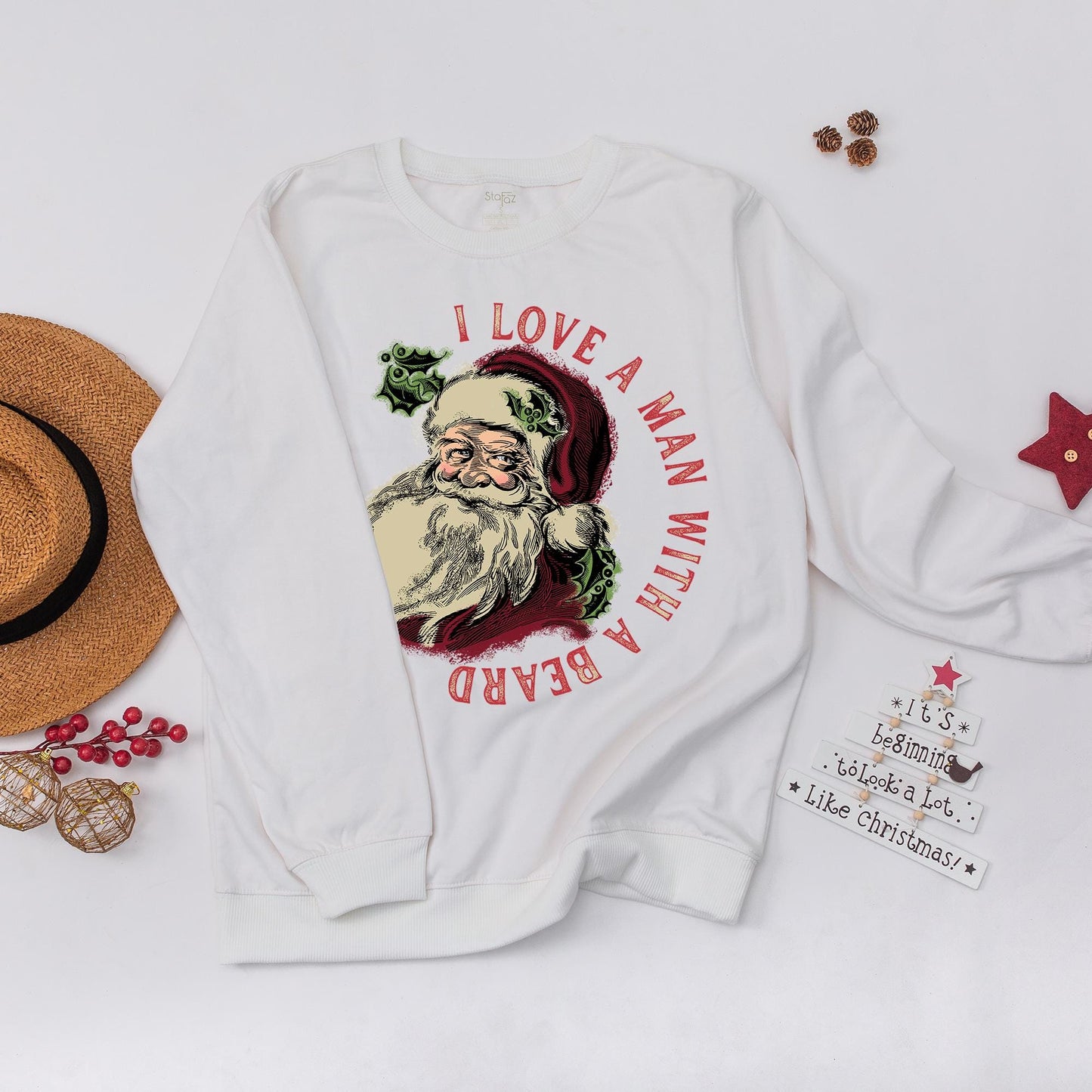 I Love A Man With A Beard Christmas Sweatshirt with Retro Santa Graphic Holiday Family Matching Cozy Outfit Vintage Red Green Cream Gift