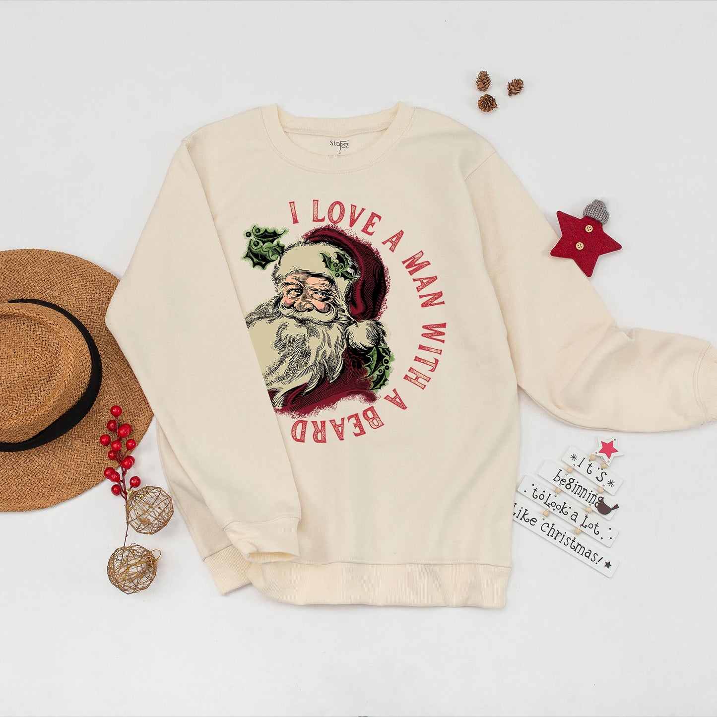 I Love A Man With A Beard Christmas Sweatshirt with Retro Santa Graphic Holiday Family Matching Cozy Outfit Vintage Red Green Cream Gift