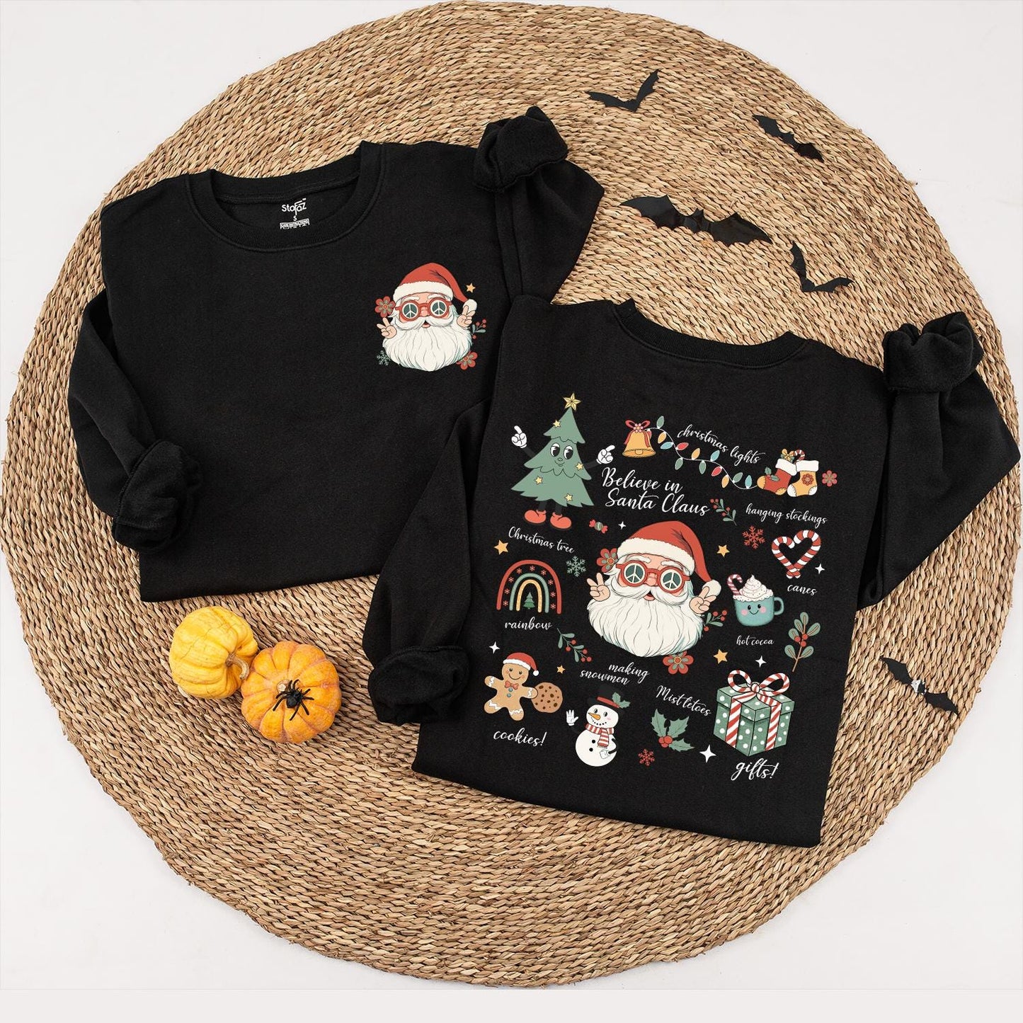 Retro Santa Claus Sweatshirt Vintage Christmas Family Matching Outfit with Funny Sunglasses Floral Rainbow Design Believe in Santa Claus Holiday Gift