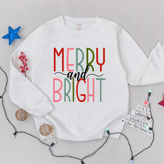 Merry and Bright Christmas Sweatshirt for Women Festive Stacked Text Design Family Holiday Season Apparel Cozy Soft Cotton Top Red Green Pink