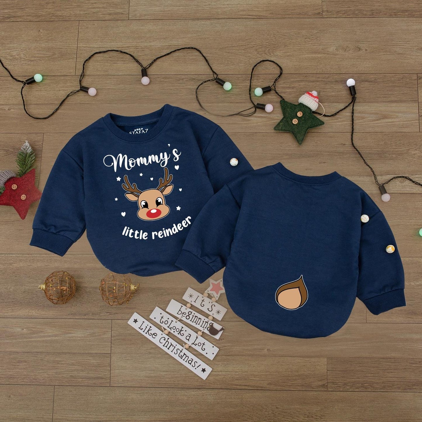 Mommy's Little Reindeer Holiday Outfit! Baby Romper & Kids Shirt Set, Cute Christmas Reindeer Face and Tail Design, Matching Family First Christmas Fun 140