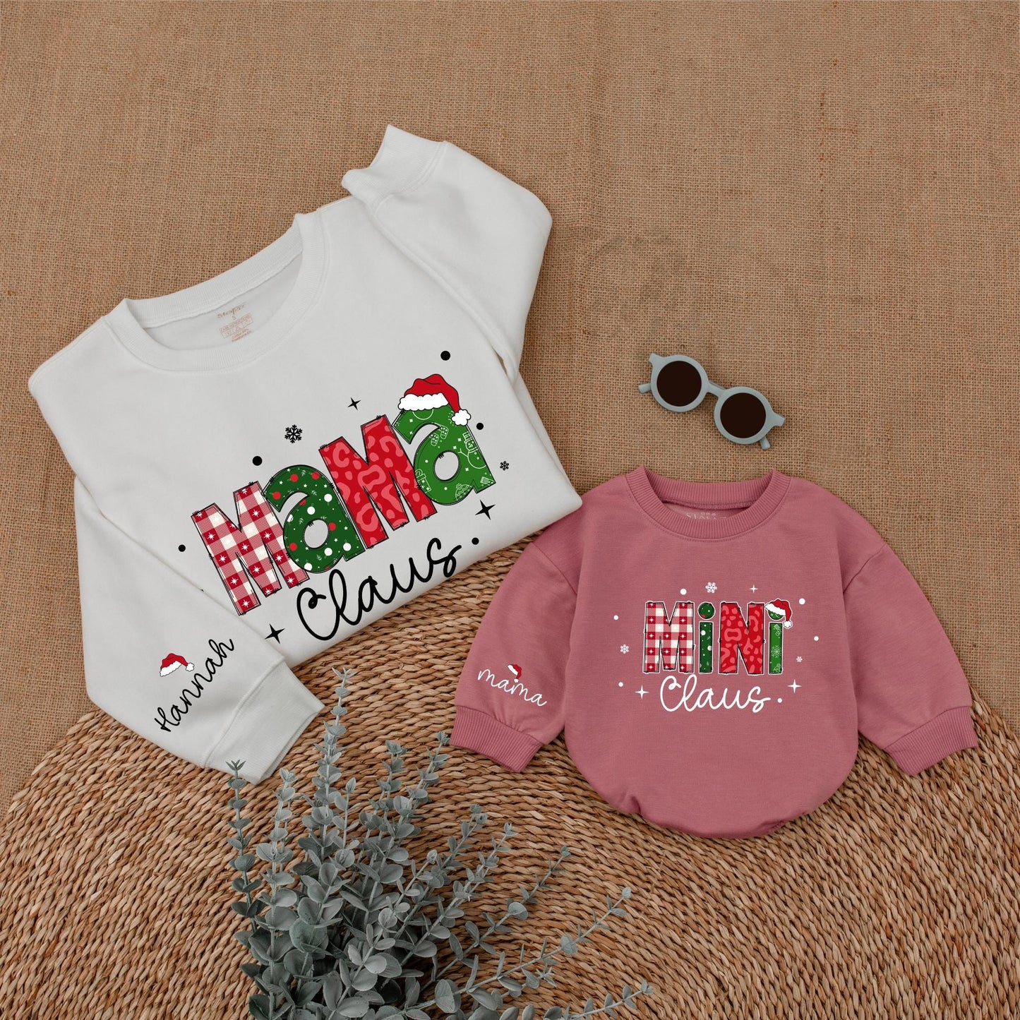 Personalized Mommy and Me Christmas Sweatshirt Mama Claus Mini Claus Festive Red Green Checkerboard Holiday Sweater