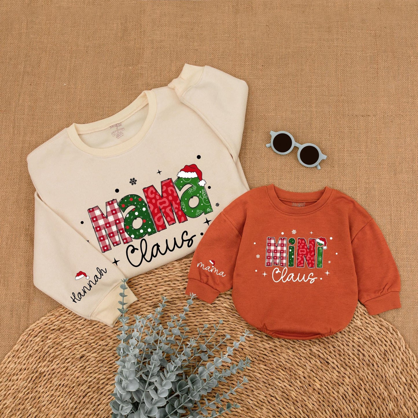Personalized Mommy and Me Christmas Sweatshirt Mama Claus Mini Claus Festive Red Green Checkerboard Holiday Sweater