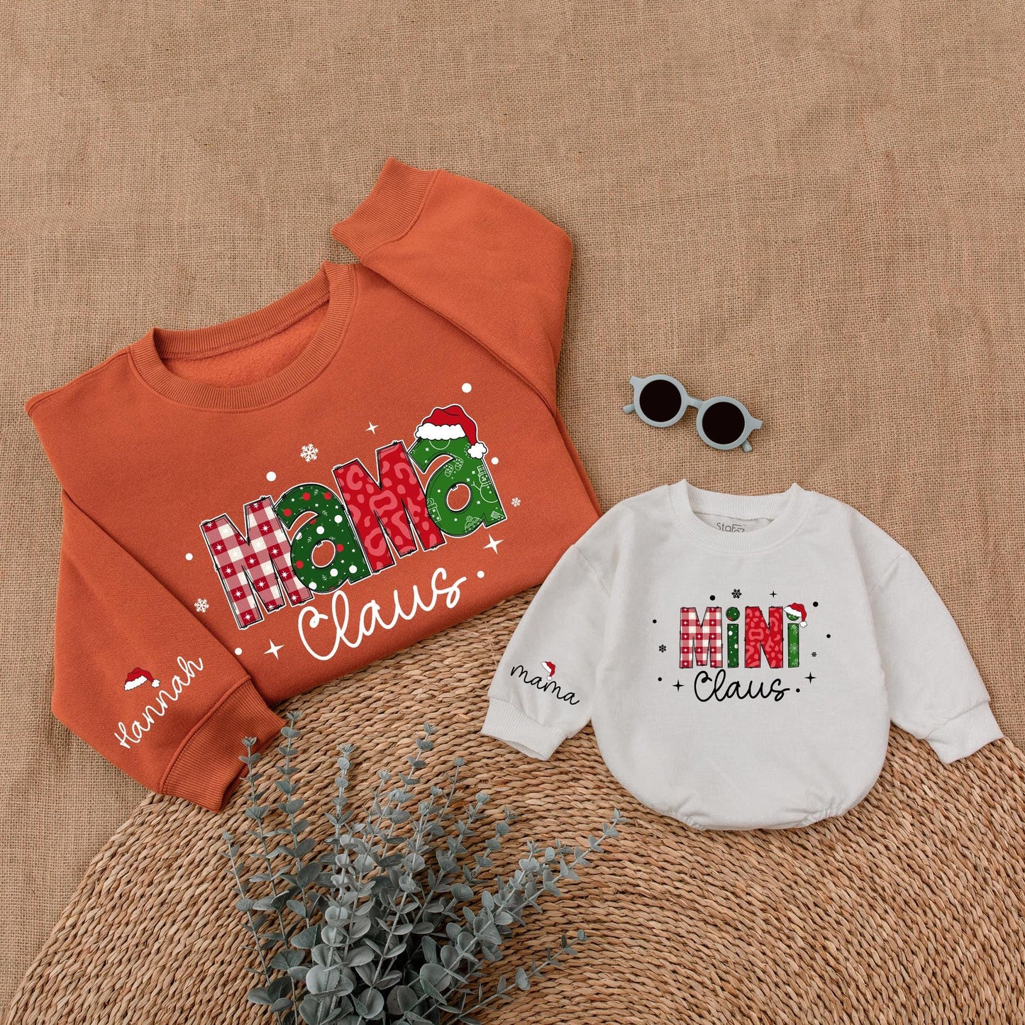 Personalized Mommy and Me Christmas Sweatshirt Mama Claus Mini Claus Festive Red Green Checkerboard Holiday Sweater
