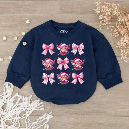 Cute Pink Bow Highland Cow Baby Romper Sweet Cowgirl Sweatshirt for Newborn Girls Festive Holiday Country Western Outfit