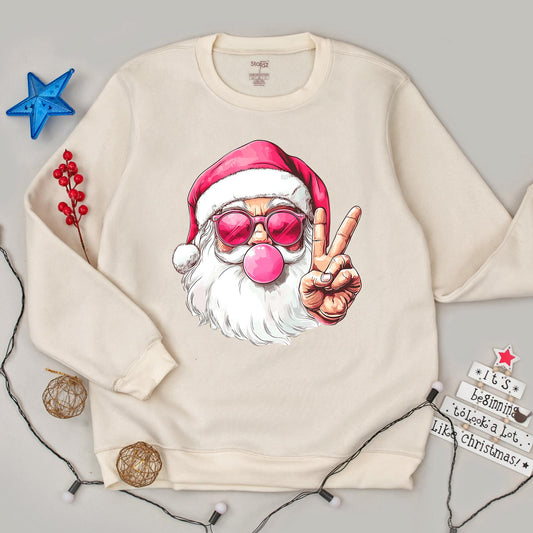 Funny Retro Santa Christmas Sweatshirt Pink Bubblegum Santa with Sunglasses Women's Holiday Sweater Playful Contemporary Christmas Gift