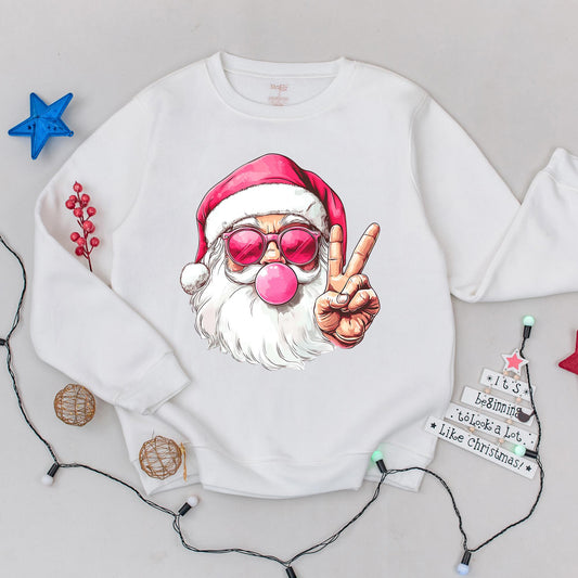 Funny Retro Santa Christmas Sweatshirt Pink Bubblegum Santa with Sunglasses Women's Holiday Sweater Playful Contemporary Christmas Gift
