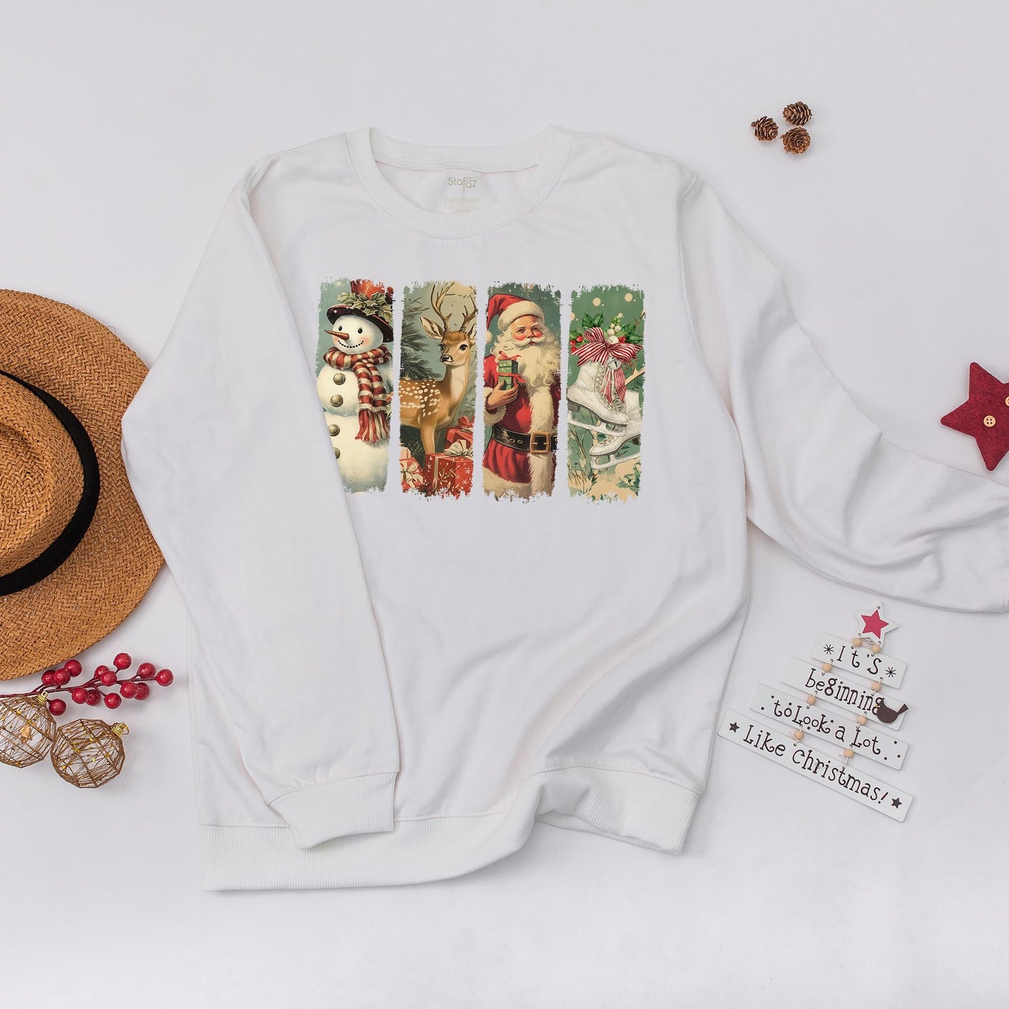 Vintage Retro Christmas Sweatshirt featuring Santa Snowman Deer & Ice Skates Panels, Muted Holiday Sweater for Festive Gatherings & Cozy Winter Gifts
