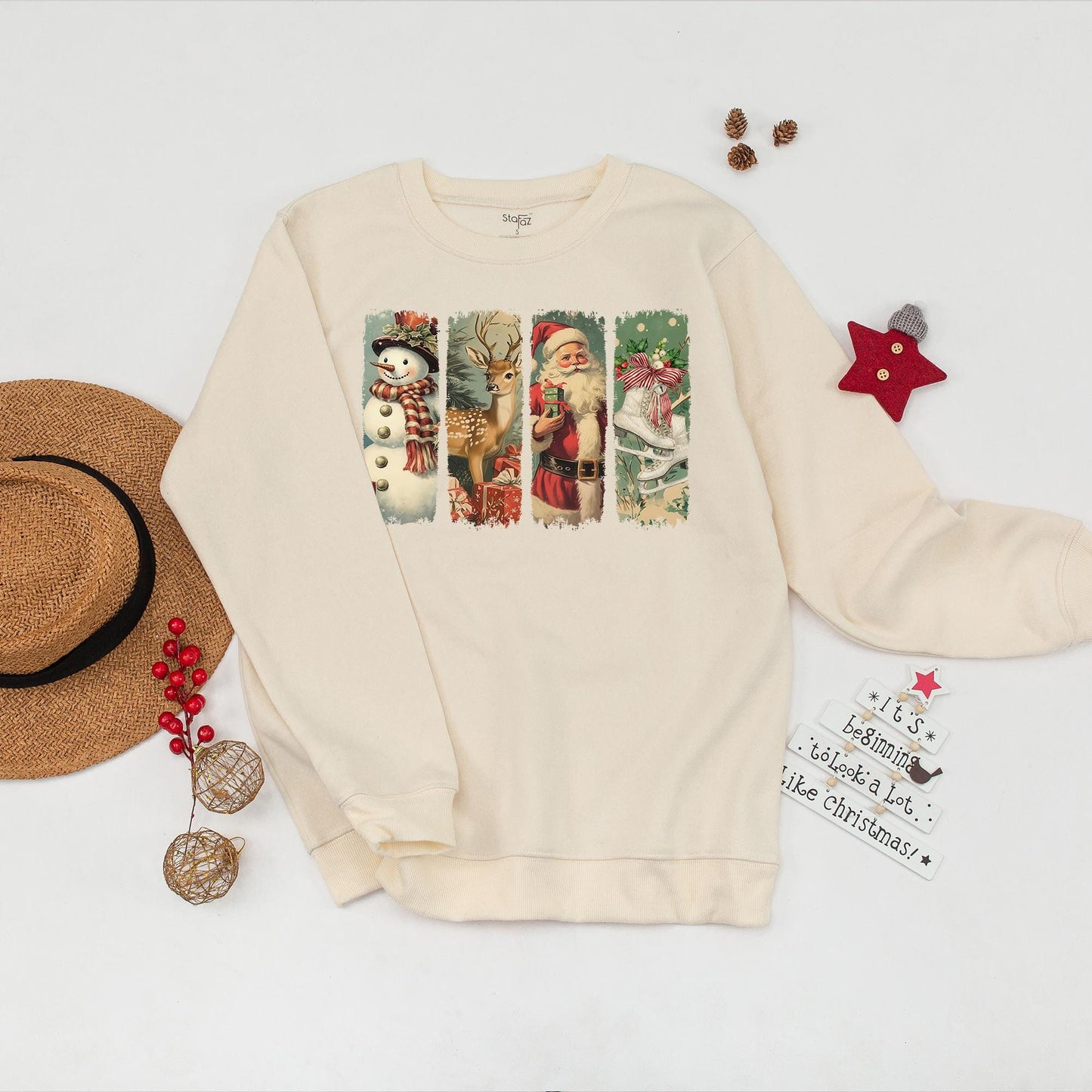 Vintage Retro Christmas Sweatshirt featuring Santa Snowman Deer & Ice Skates Panels, Muted Holiday Sweater for Festive Gatherings & Cozy Winter Gifts