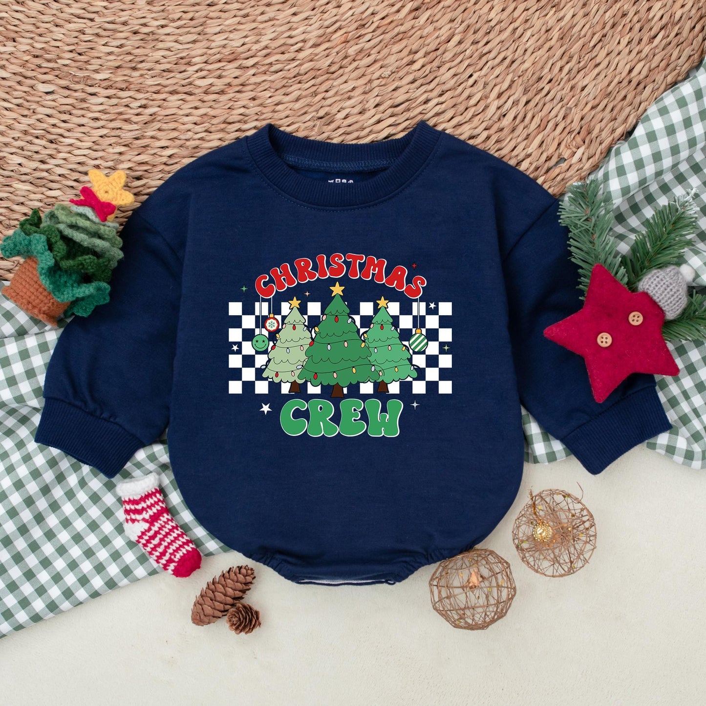 Retro Christmas Crew Baby Romper, Green Holiday Bodysuit for Baby Shower, First Christmas Outfit, Black Checkered Winter Clothes 1st Christmas Gift
