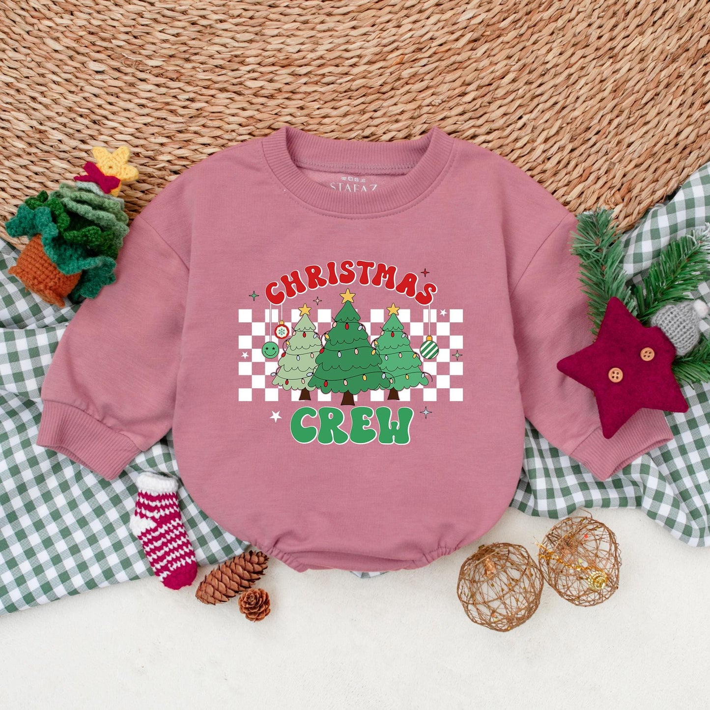 Retro Christmas Crew Baby Romper, Green Holiday Bodysuit for Baby Shower, First Christmas Outfit, Black Checkered Winter Clothes 1st Christmas Gift