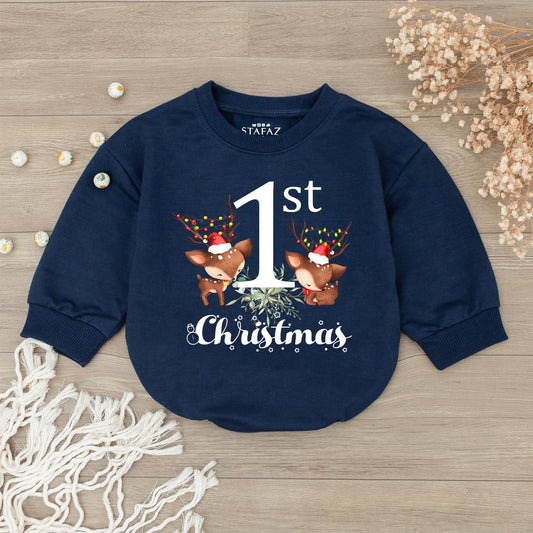 1st Christmas Bodysuit Cute Reindeer Baby Outfit My First Christmas Romper Santa Hat Lights Script Christmas Gift for Toddler