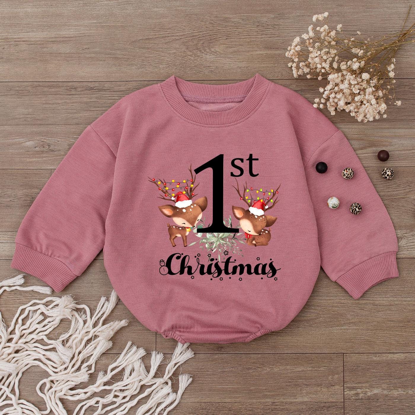 1st Christmas Bodysuit Cute Reindeer Baby Outfit My First Christmas Romper Santa Hat Lights Script Christmas Gift for Toddler