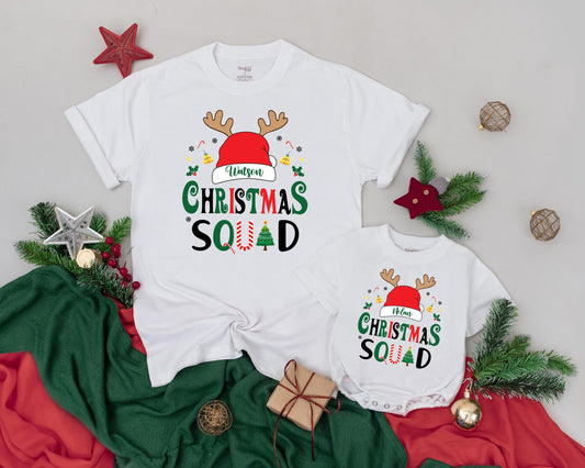 Personalized Christmas Squad Family Matching Shirts with Name, Reindeer Antlers, Santa Hat & Festive Holiday Pajamas