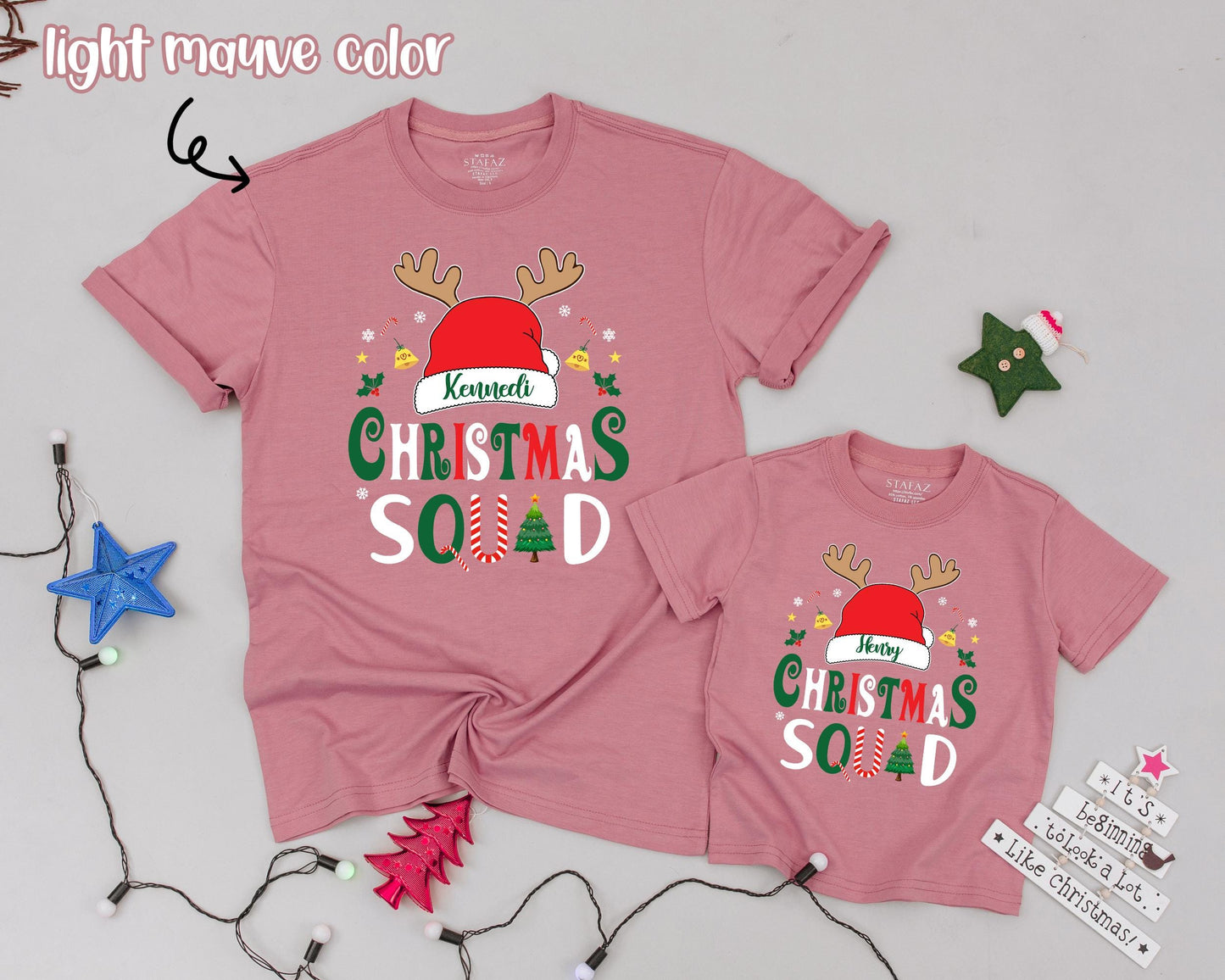 Personalized Christmas Squad Family Matching Shirts with Name, Reindeer Antlers, Santa Hat & Festive Holiday Pajamas