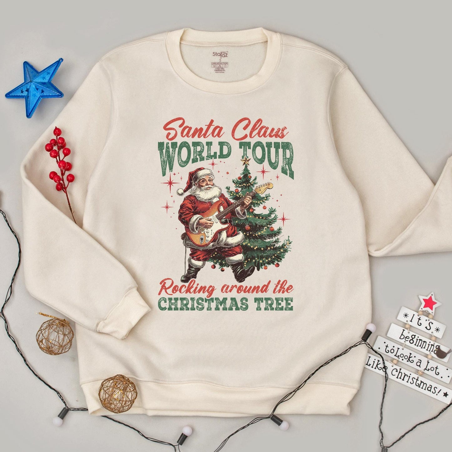 Santa Claus World Tour Rocking Electric Guitar Christmas Tree Sweatshirt Vintage Retro Funny Holiday Graphic Outfit Women's Gift