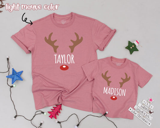 Matching Family Custom Name Christmas Shirts featuring Reindeer Antler & Red Nose Design for Mom Dad Kids Baby Toddler Festive Holiday Tee Gift
