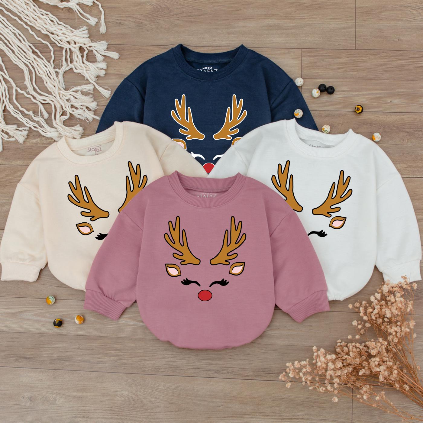 Reindeer Face Baby Romper - 1st Christmas Outfit for Baby Girl & Boy - Cute Xmas Clothes Newborn Shower Gift
