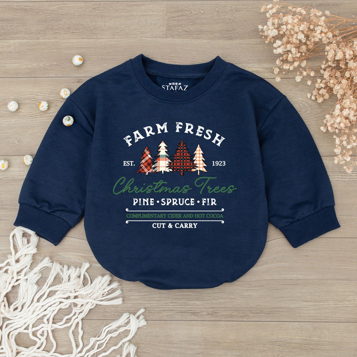 Farm Fresh Christmas Tree Baby Romper Vintage Holiday Outfit Infant Clothes, Pine Spruce Fir Bodysuit Cute Gender Neutral Gift Cider Cocoa 138 chars