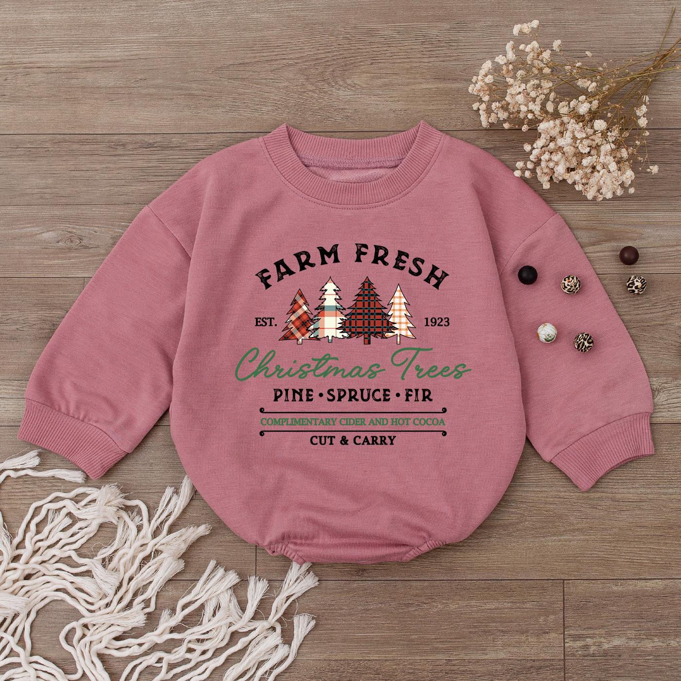 Farm Fresh Christmas Tree Baby Romper Vintage Holiday Outfit Infant Clothes, Pine Spruce Fir Bodysuit Cute Gender Neutral Gift Cider Cocoa 138 chars