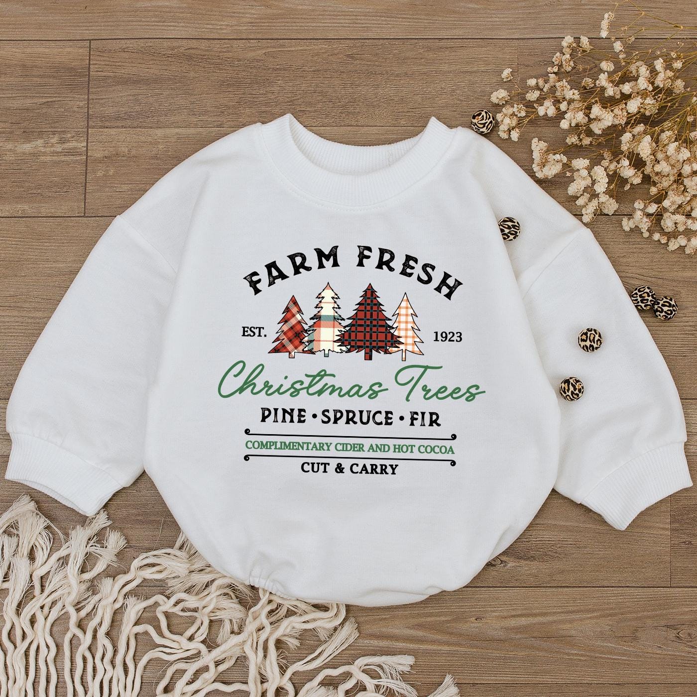 Farm Fresh Christmas Tree Baby Romper Vintage Holiday Outfit Infant Clothes, Pine Spruce Fir Bodysuit Cute Gender Neutral Gift Cider Cocoa 138 chars
