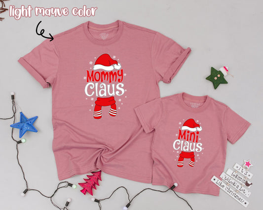 Personalized Matching Family Mommy Daddy Claus Christmas Shirts for Kids, Festive Retro Holiday Celebration Outfit with Playful Snowflake Scarf Santa Hat Designs